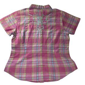 Rodeo Rebel Women's Short Sleeve Size Large Pearl Snaps Embroidered Pink Yellow